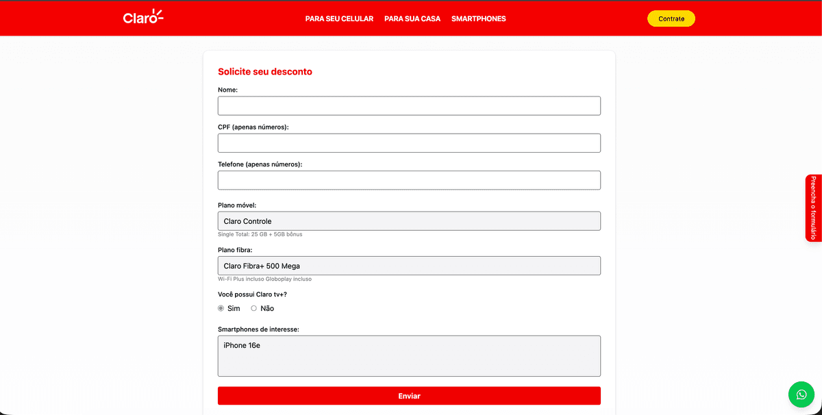 Claro - Formulário Desktop